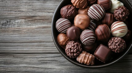 An exquisite assortment of gourmet chocolates, beautifully displayed in a dark bowl, featuring a variety of textures and flavors meant to tempt chocolate lovers everywhere.