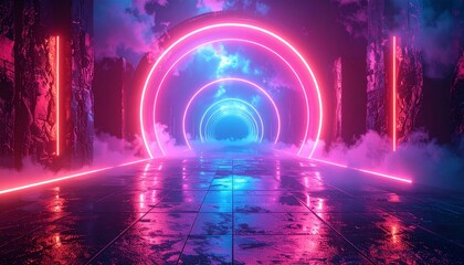 Fototapeta premium Neon lit tunnel with pink and blue vibrant lights in futuristic setting