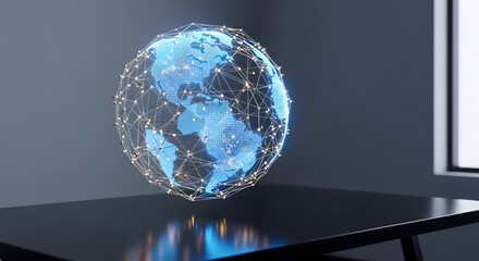 Global digital network structure surrounding a stylized Earth ma