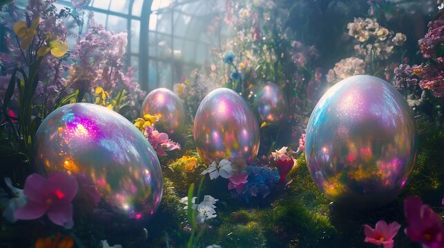 Levitating Iridescent Easter Eggs in Dreamlike Floral Greenhouse Setting
