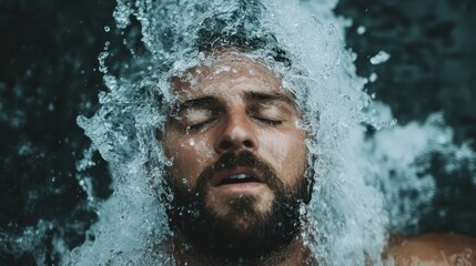 Fototapeta premium A serene image of a man submerged in water, with gentle waves splashing around him, evoking feelings of tranquility and introspection in a meditative moment.