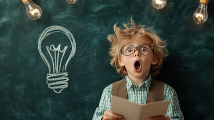 A child with wild hair and glasses looks amazed, holding a book, embodying the joy of discovering new ideas and the excitement of learning in an engaging classroom setting.