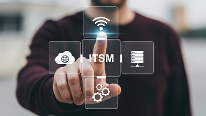 Man interacting with futuristic IT service management interface