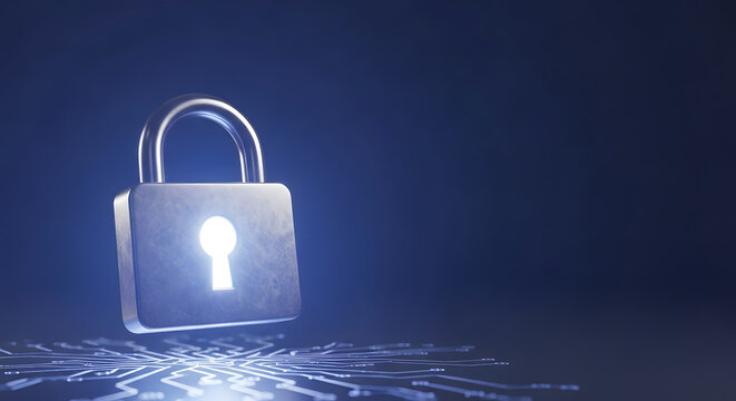 Glowing digital padlock floating over illuminated circuit board - Powered by Adobe