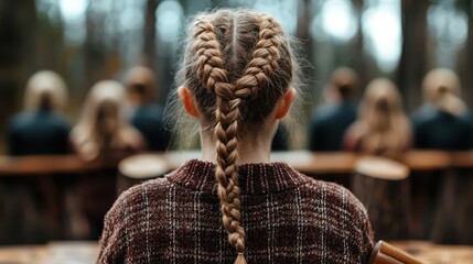A young girl sits in a rustic outdoor setting, her hair styled in neat braids, capturing a moment of innocence and contemplation in a warm and inviting atmosphere.