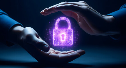 Hands protecting a glowing purple digital padlock icon on a dark