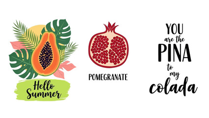 Fototapeta premium Vibrant illustrations of tropical fruits and text on a colorful background work ai