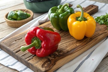 Three peppers are on a wooden cutting board