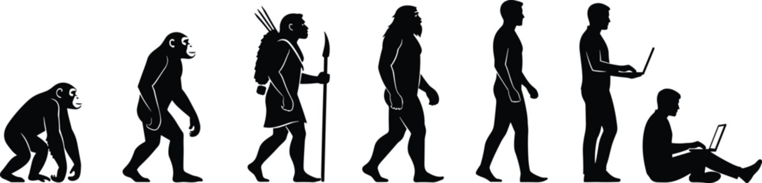Silhouette evolution of man from primitive ape to modern human using laptop and computer, progress of humanity concept isolated on white background,