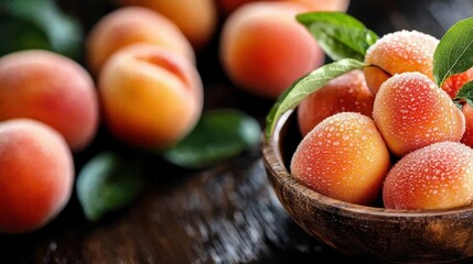 An enticing arrangement of fresh peaches nestled in a wooden bowl, showcasing their vivid colors and drops of water, symbolizing summer's bounty and freshness.