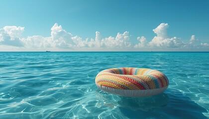 Colorful Knitted Inflatable Pool Float Drifting on Calm Ocean Water Under Blue Sky