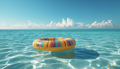 Colorful Knitted Inflatable Pool Float Drifting on Calm Ocean Water Under Blue Sky