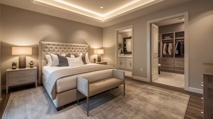 Fototapeta premium Modern Luxury Hotel Bedroom Suite with Elegant Neutral Decor and Walk-In Closet for Business Travel