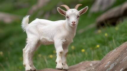 Obraz premium Adorable white goat kid standing on rock in green meadow