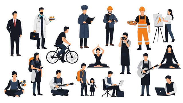 Diverse group of people engaging in various occupations and leisure activities