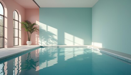 Minimal Luxury Indoor Swimming Pool with Pastel Pink and Teal Walls