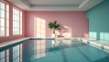 Minimal Luxury Indoor Swimming Pool with Pastel Pink and Teal Walls