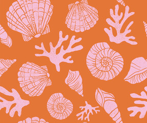 Sea shell summer pattern design. Retro hand drawn seashell mosaic seamless pattern. Seamless pattern with Hand drawn vector seashells and beach elements.