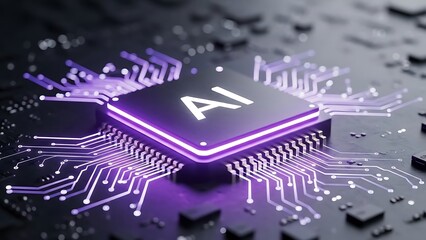 Glowing purple-edged central processing unit (CPU) with "AI" and intricate microchip pathways