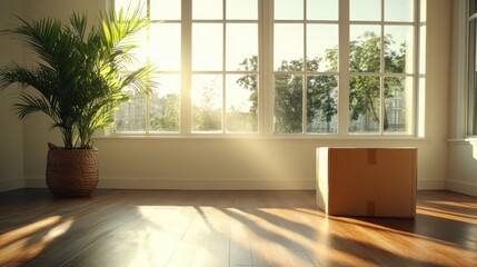 Fototapeta premium A serene, sunlit room showcasing a large window, warm wooden floors, and a stylish potted plant, creating a calming atmosphere perfect for relaxation or creativity.