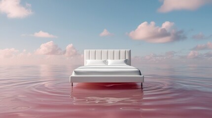 Minimal Surreal White Luxury Bed Floating on Calm Pink Water Under Soft Sky