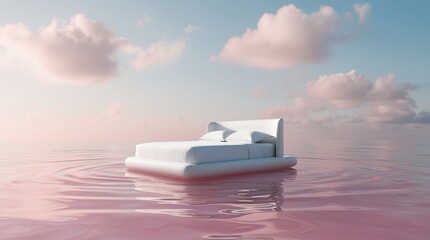 Minimal Surreal White Luxury Bed Floating on Calm Pink Water Under Soft Sky
