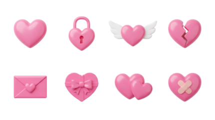 Pink glossy heart set including padlock, winged, broken, envelope, gift box, double, and bandaged variants isolated. Romantic love symbol collection for Valentine's day.