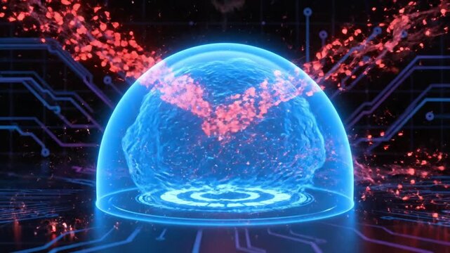 Futuristic AI Brain protected by an advanced cyber shield, representing cutting-edge technology and data security in a digital age