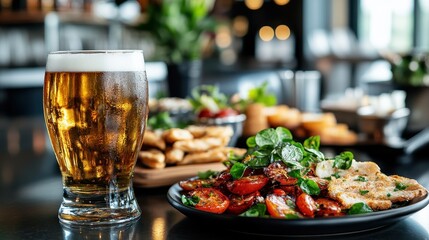 A vibrant setting showcasing a cold beer alongside a delicious plate of grilled tomatoes and salad, perfect for a delightful dining experience with friends or family.