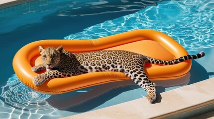 Leopard Relaxing on Orange Inflatable Pool Float in Blue Swimming Pool