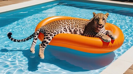 Leopard Relaxing on Orange Inflatable Pool Float in Blue Swimming Pool