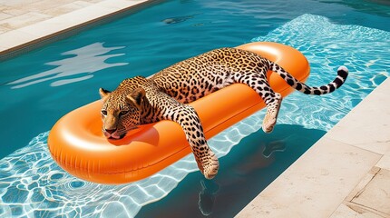 Leopard Relaxing on Orange Inflatable Pool Float in Blue Swimming Pool