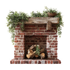 Naklejka premium PNG Rustic brick fireplace with greenery.
