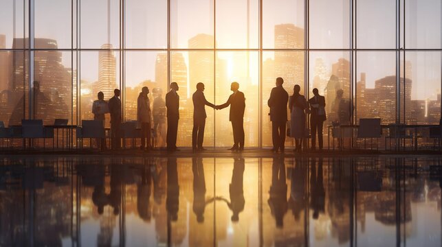 A group of diverse professionals engaged in a handshake during a sunset meeting, reflecting success and collaboration.