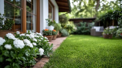 Obraz premium A lush garden path lined with vibrant flowers and greenery invites visitors to enjoy the beauty of nature, promoting a sense of relaxation and joy in a tranquil environment.