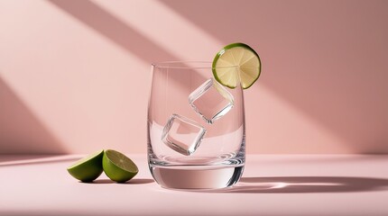 Minimal Crystal Glass with Ice Cubes and Fresh Lime on Pastel Background