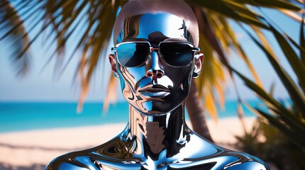 Futuristic Chrome Human Portrait Wearing Sunglasses on Tropical Beach