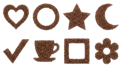 Roasted coffee bean set including heart, circle, star, moon, checkmark, cup, frame, and flower shapes. Creative cafe and breakfast design elements.