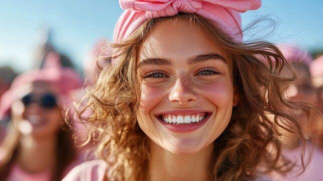 A bright and joyful image of a young woman smiling widely in a festive atmosphere, embodying happiness and the joy of shared experiences with peers.