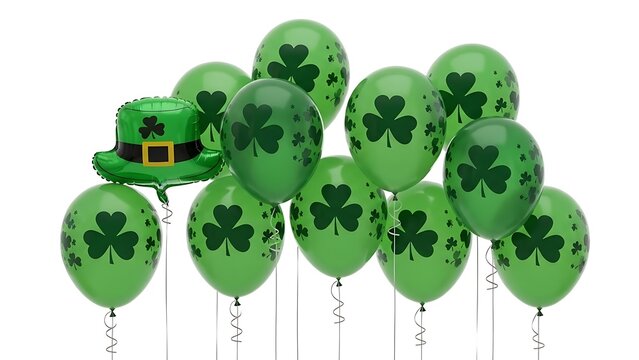 Group of green balloons, some with shamrock prints, and a festive leprechaun hat