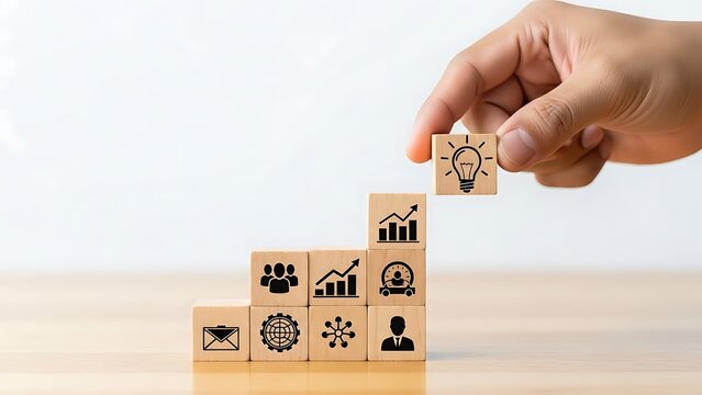 Hand placing a block with an idea symbol atop a wooden stair of other business icons