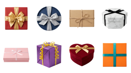 Gift box set including square, round, heart, hexagonal, and rectangular shapes with ribbons isolated. Decorative holiday and celebration packaging collection.