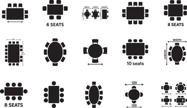 Table dimension pictogram icons showing round, oval, rectangular tables, top view seating counts, EPS.