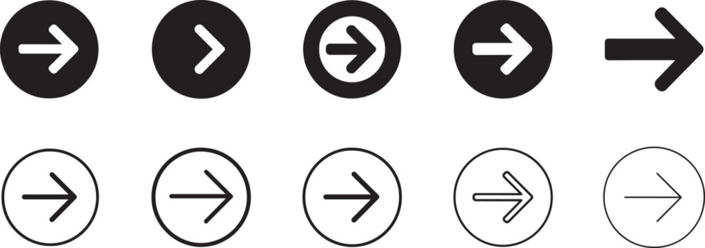   Minimalist right arrow icon set in solid black and outline circle, clean flat vector style, EPS.