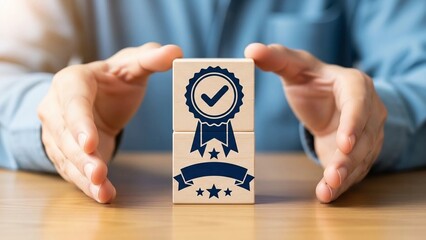 Business professional carefully protecting stacked wooden blocks featuring a dark blue quality assurance certification badge and three stars emblem with a checkmark icon.