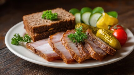 Sliced ham with rye bread, pickles, and vegetables on a white plate.