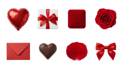 Valentine's day gift set including heart balloon, white gift box, red rose, chocolate, and envelope isolated. Romantic anniversary and wedding decoration elements.