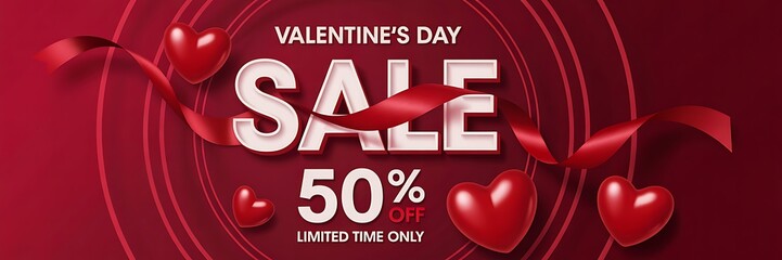 Valentines day sale banner with red hearts background
