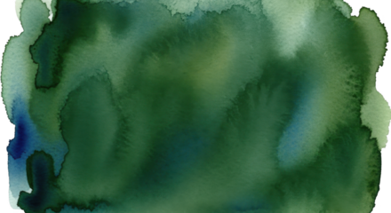 Abstract dark green and blue watercolor splash texture background with bleeding edges isolated on transparent background