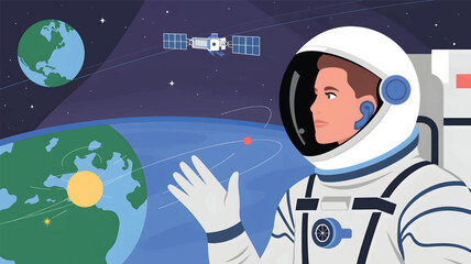 Astronaut in space suit floating near Earth with satellite in background helmet planet © srdesignhouse